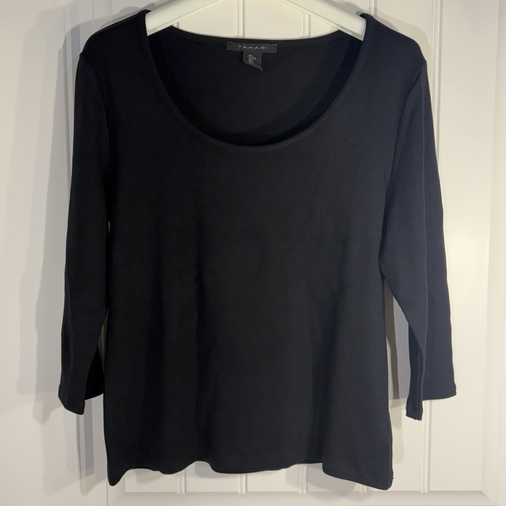 Tahari Black 3/4 Sleeve Scoop Neck Blouse Top Size Large Minimalist